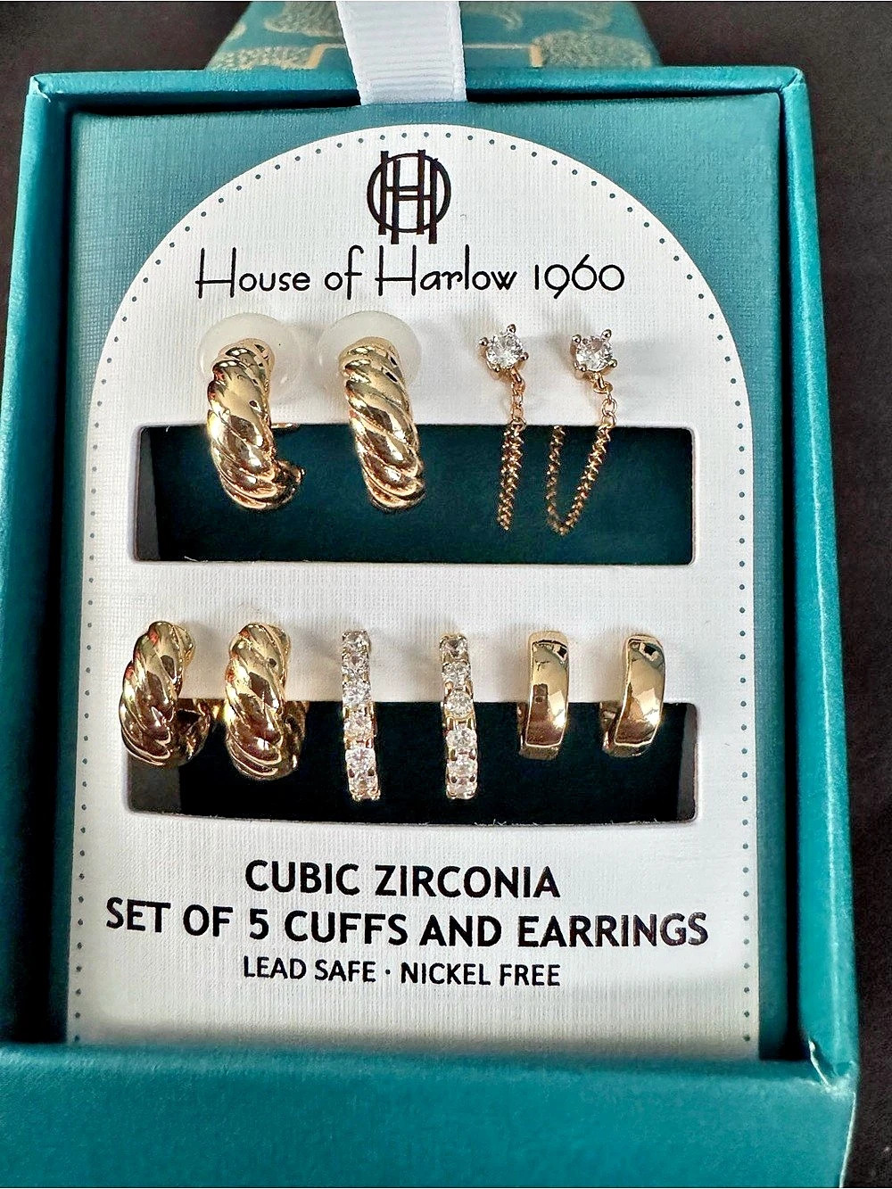NIB. House of Harlow 1960 Cubic Zirconia Set of 5 Cuffs and Earrings Gold & Silv